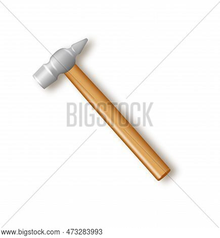 Realistic Universal Hammer With Wooden Handle. Vector Industrial Workers Tool. Equipment For Repair,