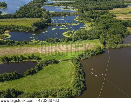 Aerial View With Landscape Of The Nature Reserve Loosdrechtse Plassen Near Loosdrecht. Provinz North