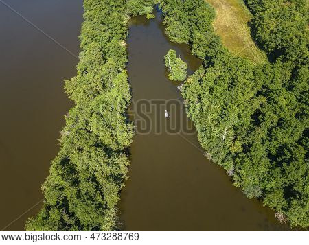 Aerial View With Landscape Of The Nature Reserve Loosdrechtse Plassen Near Loosdrecht. Provinz North