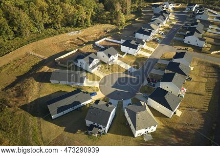 Aerial View Of Cul De Sac At Neighbourhood Road Dead End With Densely Built Homes In South Carolina 