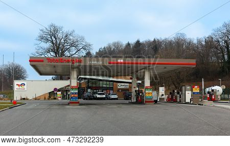 Ripaille, France - March 2, 2023: Service Station Total Energies At Aire De La Ripaille In Savoie