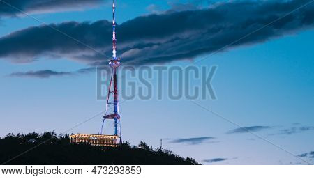 Tbilisi, Georgia. Night Scenic View Of Georgia Tbilisi Tv Broadcasting Tower. Located On Territory O