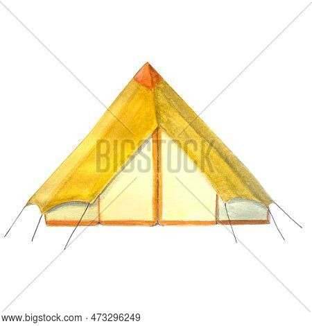 Watercolor hand painted Yellow tent illustration isolated on white. Tourism, travel, camping, hiking design. Clipart. High quality illustration for cards, banners, advertisements, invitations, guides.