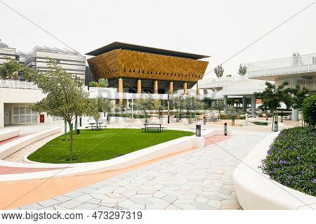 Uae, Abu Dhabi - 13th March, 2023: Masdar City Central Park Landscape. Worlds Most Sustainable Commu