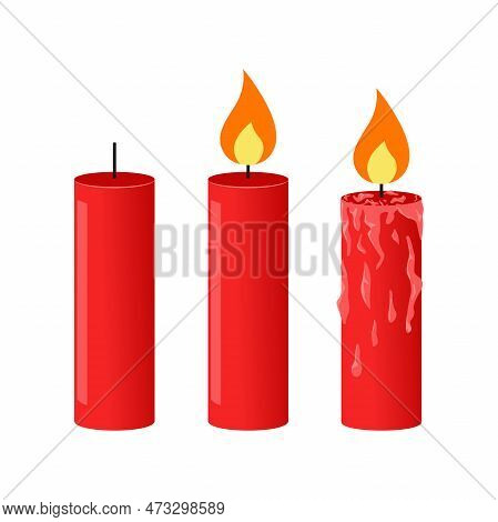 Set Of Candle Cartoon Style, Vector Illiustration, 3 Candles With Different Conditions