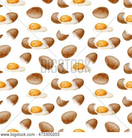 Watercolor Eggs Seamless Pattern. Hand Drawn Brown Chicken Egg With Yolk And Glair Illustration Isol