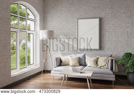 Cozy Living Room Interior In Room Corner; Sunlight Shining Trough Window; Floorlamp And Couch Table 