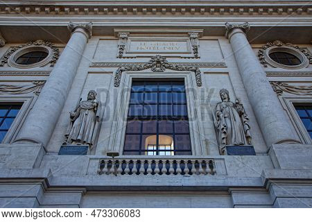 Lyon, France, March 15, 2023 : Facade Of Ancient Hospital Hotel-dieu, Now Renewed As A Commercial Ce