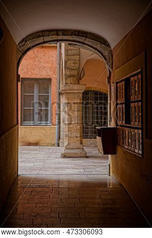 Lyon, France, March 16, 2023 : A Traboule In Historic Center Of Lyon. Traboules Are A Type Of Passag