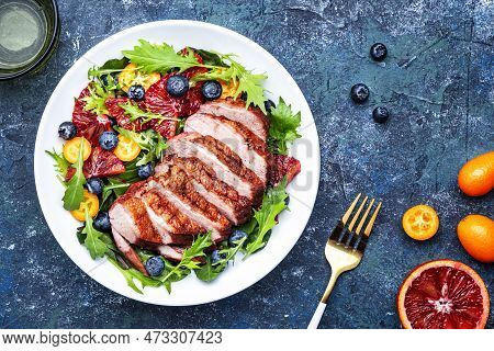 Duck Salad With Grilled Breast With Red Orange, Kumquat, Blueberry And Chard, Frisse, Mizuna And Aru