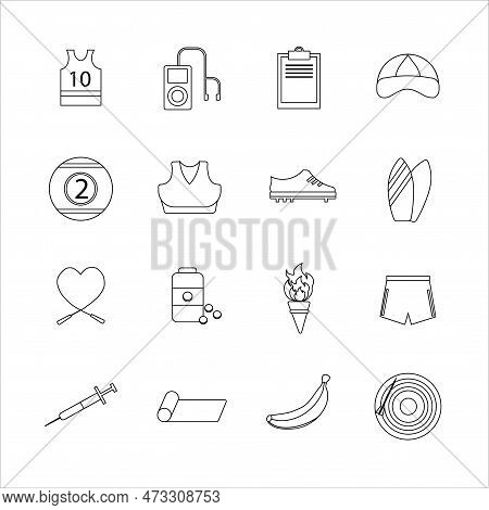 Collection Of Icons With Different Sports And Healthy Eating In Outline Design