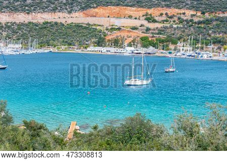 Kas, Turkey - February 5, 2023: Blue Lagoon With A Yacht Port In Kas City, Turkey