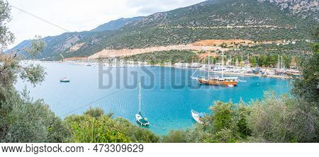 Kas, Turkey - February 5, 2023: Blue Lagoon With A Yacht Port In Kas City, Turkey