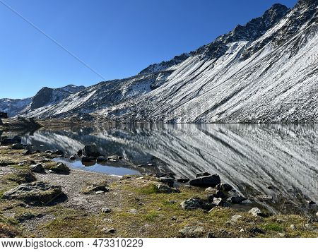 High Alpine Lake Lai Da La Scotta (schottensee Or Schotten Lake) On The Swiss Mountain Road Pass Flu