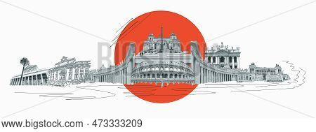 Rome Famous Landmarks Collage. The Art Design From Best Views Of Rome, Italy, Europe.