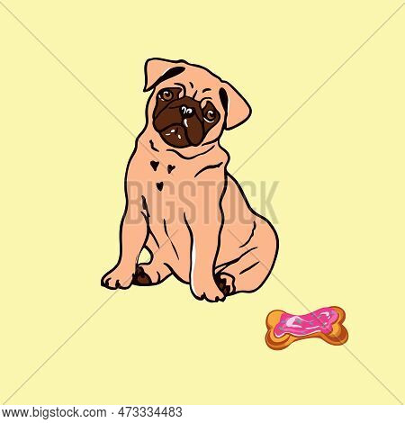 Pug With Sweet Snacks. Vector Illustration Of Dogs. T-shirt Design Element, As A Banner For Pet Stor