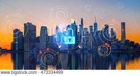 New York Skyline At Sunset And Waterfront, Double Exposure Digital Cybersecurity Lock Hud Hologram W