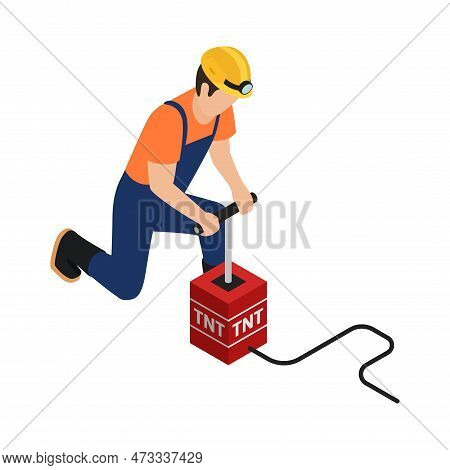 Isometric Miner Doing Blasting Work 3d Vector Illustration