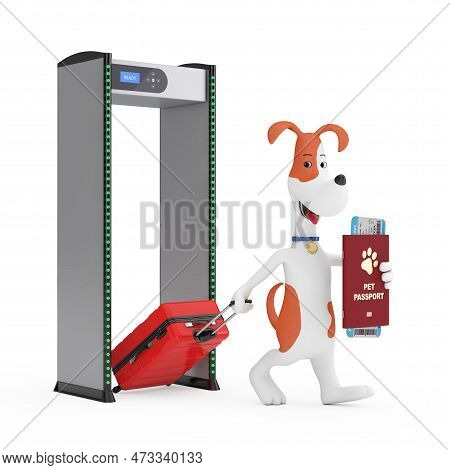 Cartoon Cute Dog With Suitcase Holding Pet Passport Document With Airlines Boarding Pass Ticket Walk