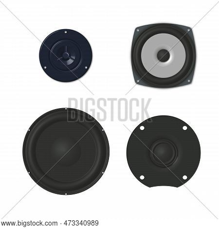 Set Of Varius Photorealistic Music Speakers Isolated On White Background. Front View, 3d Vector Illu