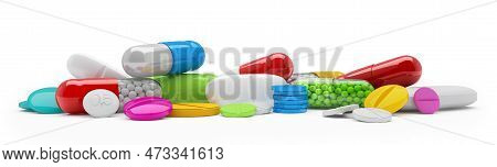3d Rendering Of Colorful Tablets, Pills, Capsules - Medicament Over White Background.