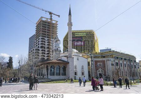 Tirana, Albania. March 2023.  Exterior View Of The Et'hem Bej Mosque In Skenderbej Square In The Cit