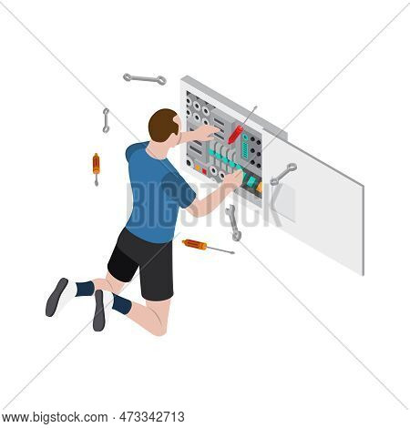 Male Astronaut Fixing Equipment In Zero Gravity State Isometric Vector Illustration