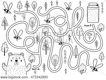 Black And White Maze Game For Kids. Help The Cute Hungry Bear Find The Way To Honey