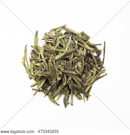 A Bunch Of Chinese Green Tea, Isolated On A White Background, Close Up. Long Jing Cha Tea Use For We
