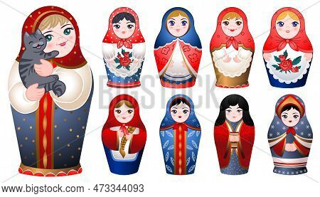 Nesting Doll Icons Set. Cartoon Set Of Nesting Doll Icons For Web Design