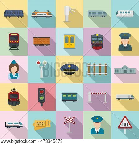 Electric Train Driver Icons Set. Flat Set Of Electric Train Driver Icons For Web Design