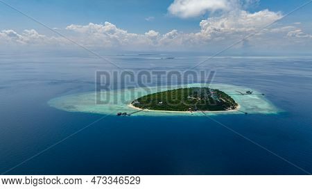 Aerial View Of Tropical Island Pompong With Beach And Blue Sea. Tun Sakaran Marine Park. Borneo, Sab