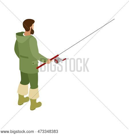 Fisherman During Catching Fish On Spinning Rod Back View Isometric Vector Illustration