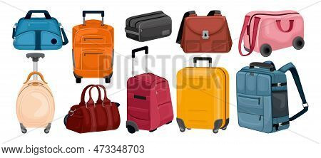 Color Flat Set Of Trip Bags And Touristic Suitcases On Wheels On White Background Isolated Vector Il