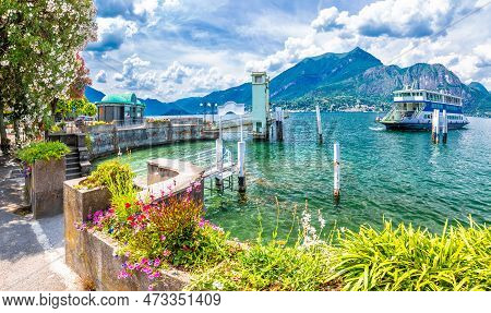 Town Of Bellagio Lungolago Europa Famous Flower Lakefront View, Como Lake, Lombardy Region Of Italy