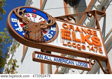 Orange, California - 24 Mar 2023: Closeup Of The Orange Elks Lodge 1475 Sign, In Downtown Orange.