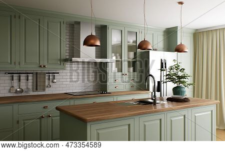Green Kitchen Interior With Island. Stylish Kitchen With Wooden Worktops. Cozy Olive Kitchen With Ut