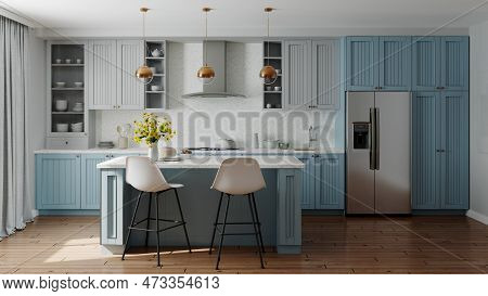 Blue Kitchen Interior With Island. Stylish Kitchen With White Countertops. Cozy Bright Kitchen With 