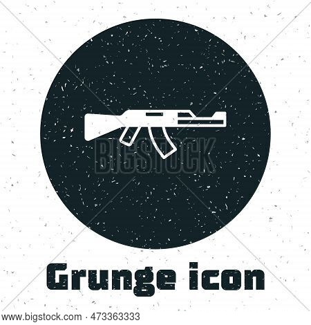 Grunge Submachine Gun Icon Isolated On White Background. Kalashnikov Or Ak47. Monochrome Vintage Dra
