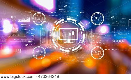 Stock Trading Theme With Urban City Lights At Night