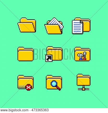 Vector Pixel Art Retro Computer Pc User Interface Icon Set. Directory Filesystem Folder, Document, T