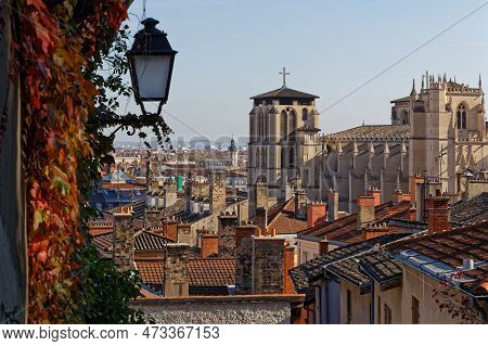 Roofs Of Lyon Historic Center And Cathedral From Fourviere Hill