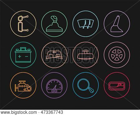 Set Line Car Door Handle, Wheel, Windscreen Wiper, Windscreen, Battery, Truck Side Mirror, And Gear 