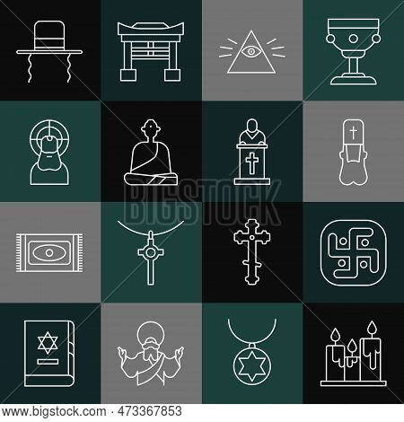 Set Line Burning Candles, Jainism, Priest, Masons, Buddhist Monk, Jesus Christ, Orthodox Jewish Hat 