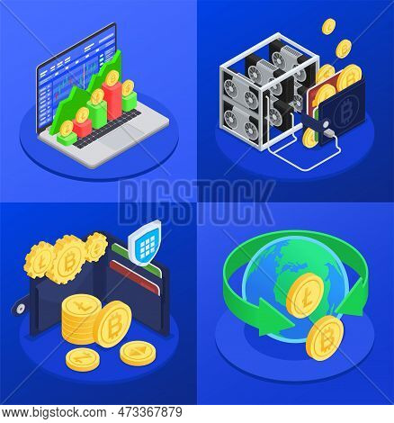 Isometric Cryptocurrency 2x2 Design Concept With Mining Farm Wallet Stock Exchange Chart 3d Isolated