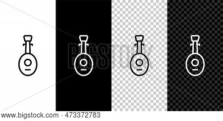 Set Line Musical Instrument Lute Icon Isolated On Black And White, Transparent Background. Arabic, O