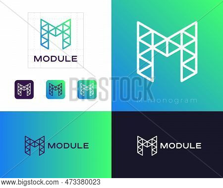 M Monogram. Module Emblem. Letter M Like Construction Modules. Mosaic Icon. Identity, Corporate Styl