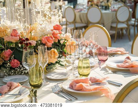 Wedding Banquet Concept. Chairs And Round Table For Guests, Served With Cutler And, Flowers And Croc
