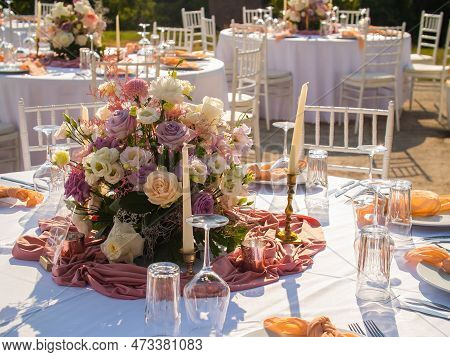 Wedding Banquet Concept. Chairs And Round Table For Guests, Served With Cutler And, Flowers And Croc