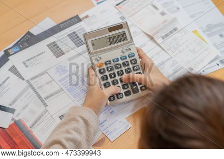 Financial Owe Asian Young Woman, Girl Sitting Suffer, Stressed And Confused By Calculate Expense Fro